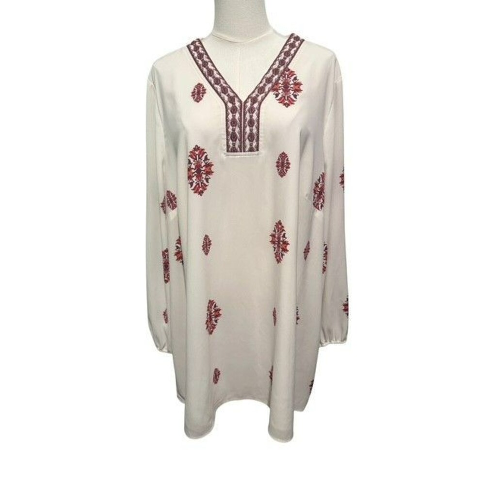 Coldwater Creek Womens Blouse Size 2X Ivory Pink Embroidered Vneck Long Sleeves
